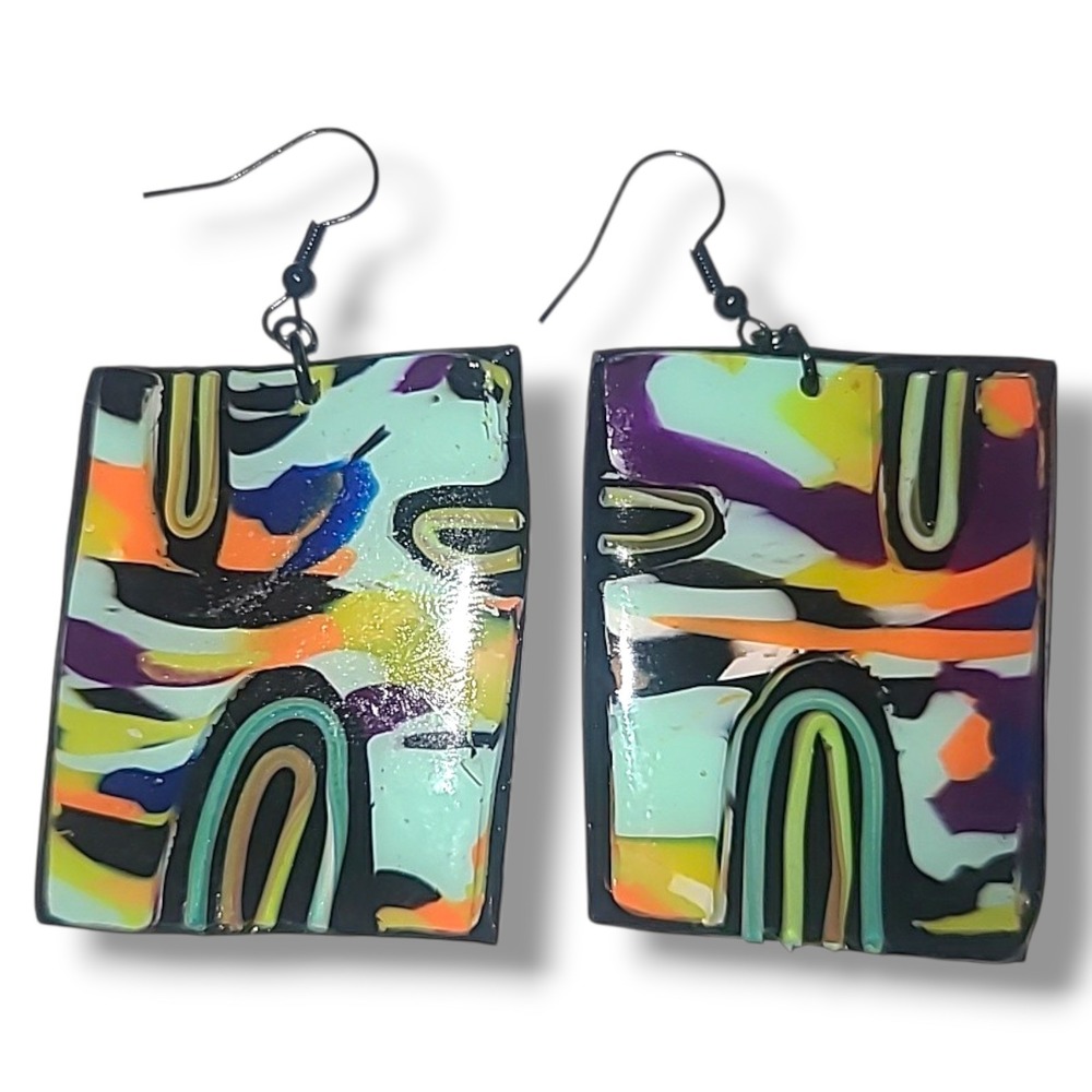 Handmade Polymer Clay Abstract Square Dangle‎ Earrings Artisan Modern